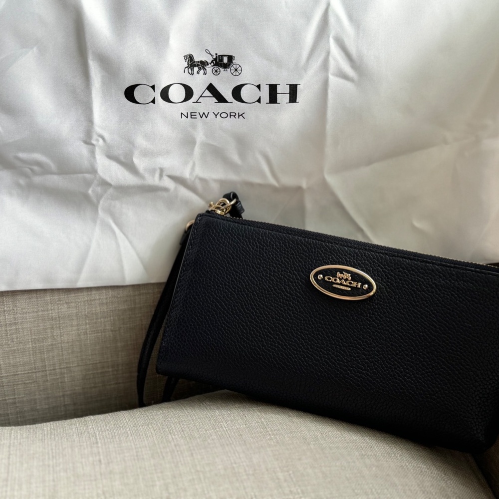 COACH L-Zip Leather Wallet - navy